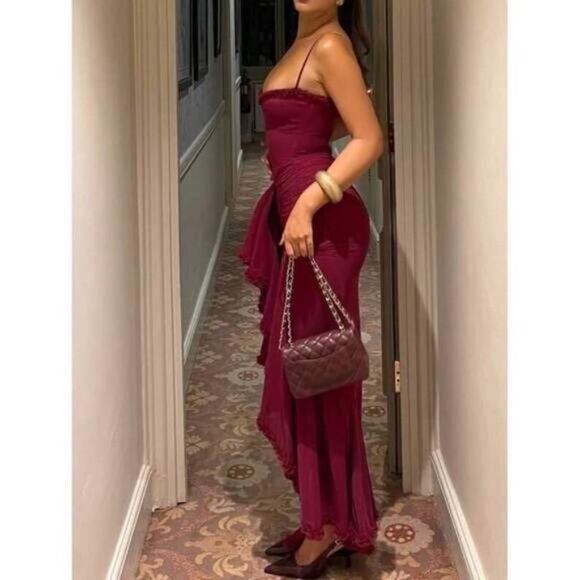 Fashionable Elegant Sexy Bodycon Ruffle Trim Asymmetrical Mesh Graduation Dress - Picture 2 of 5